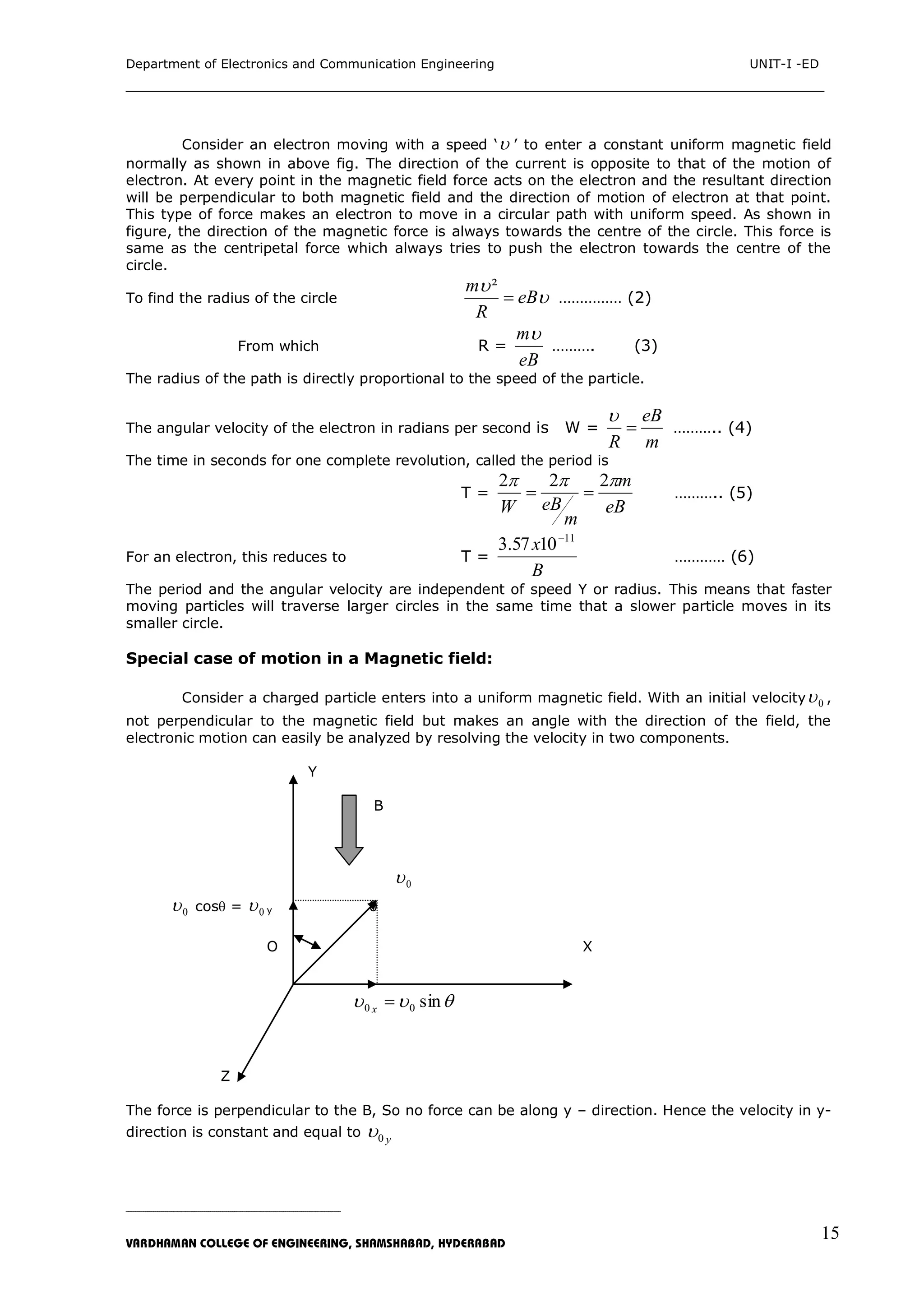 Department of Electronics and Communication Engineering UNIT-I -ED
___________________________________________________________________________
_____________________________________________________________________________________________________________
VARDHAMAN COLLEGE OF ENGINEERING, SHAMSHABAD, HYDERABAD
15
Consider an electron moving with a speed „ ‟ to enter a constant uniform magnetic field
normally as shown in above fig. The direction of the current is opposite to that of the motion of
electron. At every point in the magnetic field force acts on the electron and the resultant direction
will be perpendicular to both magnetic field and the direction of motion of electron at that point.
This type of force makes an electron to move in a circular path with uniform speed. As shown in
figure, the direction of the magnetic force is always towards the centre of the circle. This force is
same as the centripetal force which always tries to push the electron towards the centre of the
circle.
To find the radius of the circle 

eB
R
m

²
…………… (2)
From which R =
eB
m
………. (3)
The radius of the path is directly proportional to the speed of the particle.
The angular velocity of the electron in radians per second is W =
m
eB
R


……….. (4)
The time in seconds for one complete revolution, called the period is
T =
eB
m
m
eBW
 



2
……….. (5)
For an electron, this reduces to T =
B
x 11
1057.3 
………… (6)
The period and the angular velocity are independent of speed Y or radius. This means that faster
moving particles will traverse larger circles in the same time that a slower particle moves in its
smaller circle.
Special case of motion in a Magnetic field:
Consider a charged particle enters into a uniform magnetic field. With an initial velocity 0 ,
not perpendicular to the magnetic field but makes an angle with the direction of the field, the
electronic motion can easily be analyzed by resolving the velocity in two components.
Y
B
0
0 cos = 0 y θ
O X
 sin00 x
Z
The force is perpendicular to the B, So no force can be along y – direction. Hence the velocity in y-
direction is constant and equal to y0
 