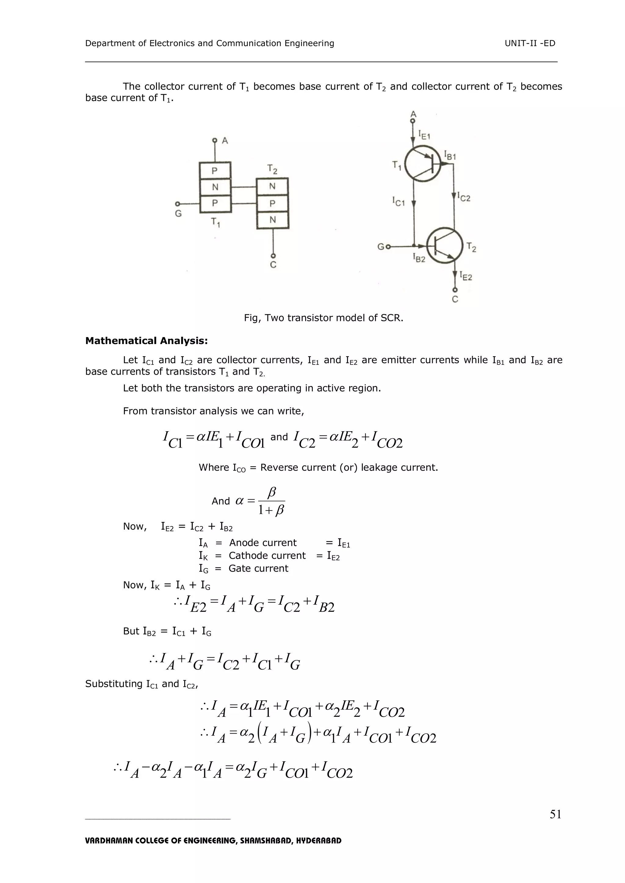 Department of Electronics and Communication Engineering UNIT-II -ED
___________________________________________________________________________
_____________________________________________________________________________________________________________
VARDHAMAN COLLEGE OF ENGINEERING, SHAMSHABAD, HYDERABAD
51
The collector current of T1 becomes base current of T2 and collector current of T2 becomes
base current of T1.
Fig, Two transistor model of SCR.
Mathematical Analysis:
Let IC1 and IC2 are collector currents, IE1 and IE2 are emitter currents while IB1 and IB2 are
base currents of transistors T1 and T2.
Let both the transistors are operating in active region.
From transistor analysis we can write,
1 1 1
I IE I
C CO
  and
2 2 2
I IE I
C CO
 
Where ICO = Reverse current (or) leakage current.
And
1





Now, IE2 = IC2 + IB2
IA = Anode current = IE1
IK = Cathode current = IE2
IG = Gate current
Now, IK = IA + IG
2 2 2
I I I I I
E A G C B
    
But IB2 = IC1 + IG
2 1
I I I I I
A G C C G
    
Substituting IC1 and IC2,
1 1 1 2 2 2
I IE I IE I
A CO CO
     
 2 1 1 2
I I I I I I
A A G A CO CO
      
2 1 2 1 2
I I I I I I
A A A G CO CO
       
 