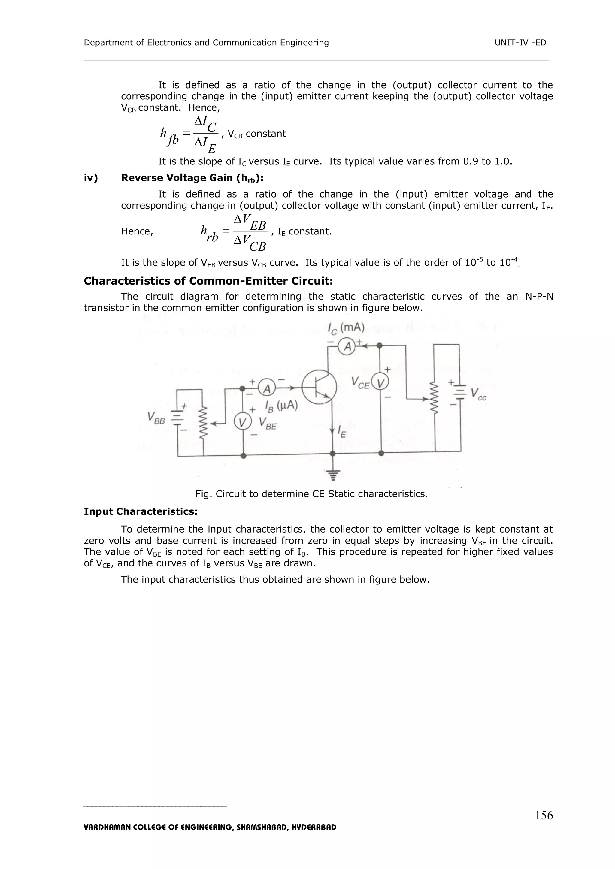 Department of Electronics and Communication Engineering UNIT-IV -ED
___________________________________________________________________________
_____________________________________________________________________________________________________________
VARDHAMAN COLLEGE OF ENGINEERING, SHAMSHABAD, HYDERABAD
156
It is defined as a ratio of the change in the (output) collector current to the
corresponding change in the (input) emitter current keeping the (output) collector voltage
VCB constant. Hence,
I
Ch
fb IE



, VCB constant
It is the slope of IC versus IE curve. Its typical value varies from 0.9 to 1.0.
iv) Reverse Voltage Gain (hrb):
It is defined as a ratio of the change in the (input) emitter voltage and the
corresponding change in (output) collector voltage with constant (input) emitter current, IE.
Hence,
VEBh
rb V
CB



, IE constant.
It is the slope of VEB versus VCB curve. Its typical value is of the order of 10-5
to 10-4
.
Characteristics of Common-Emitter Circuit:
The circuit diagram for determining the static characteristic curves of the an N-P-N
transistor in the common emitter configuration is shown in figure below.
Fig. Circuit to determine CE Static characteristics.
Input Characteristics:
To determine the input characteristics, the collector to emitter voltage is kept constant at
zero volts and base current is increased from zero in equal steps by increasing VBE in the circuit.
The value of VBE is noted for each setting of IB. This procedure is repeated for higher fixed values
of VCE, and the curves of IB versus VBE are drawn.
The input characteristics thus obtained are shown in figure below.
 
