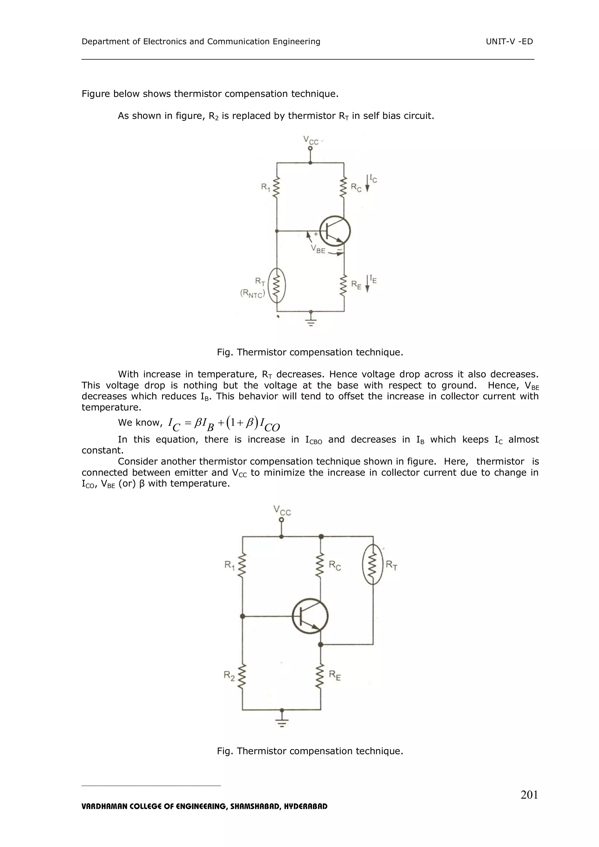 Department of Electronics and Communication Engineering UNIT-V -ED
___________________________________________________________________________
_____________________________________________________________________________________________________________
VARDHAMAN COLLEGE OF ENGINEERING, SHAMSHABAD, HYDERABAD
201
Figure below shows thermistor compensation technique.
As shown in figure, R2 is replaced by thermistor RT in self bias circuit.
Fig. Thermistor compensation technique.
With increase in temperature, RT decreases. Hence voltage drop across it also decreases.
This voltage drop is nothing but the voltage at the base with respect to ground. Hence, VBE
decreases which reduces IB. This behavior will tend to offset the increase in collector current with
temperature.
We know,  1I I IBC CO   
In this equation, there is increase in ICBO and decreases in IB which keeps IC almost
constant.
Consider another thermistor compensation technique shown in figure. Here, thermistor is
connected between emitter and VCC to minimize the increase in collector current due to change in
ICO, VBE (or) β with temperature.
Fig. Thermistor compensation technique.
 