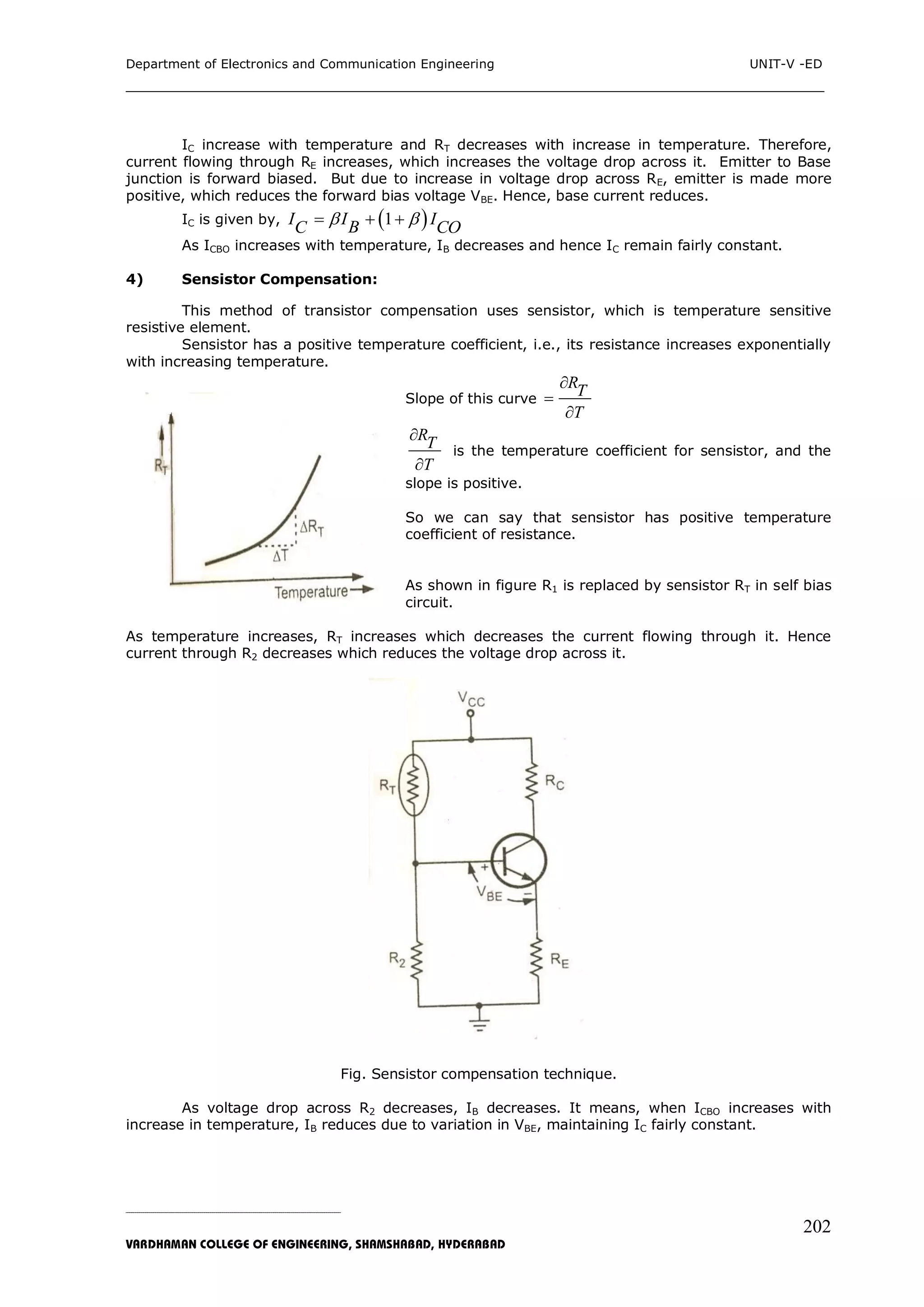Department of Electronics and Communication Engineering UNIT-V -ED
___________________________________________________________________________
_____________________________________________________________________________________________________________
VARDHAMAN COLLEGE OF ENGINEERING, SHAMSHABAD, HYDERABAD
202
IC increase with temperature and RT decreases with increase in temperature. Therefore,
current flowing through RE increases, which increases the voltage drop across it. Emitter to Base
junction is forward biased. But due to increase in voltage drop across RE, emitter is made more
positive, which reduces the forward bias voltage VBE. Hence, base current reduces.
IC is given by,  1I I IBC CO   
As ICBO increases with temperature, IB decreases and hence IC remain fairly constant.
4) Sensistor Compensation:
This method of transistor compensation uses sensistor, which is temperature sensitive
resistive element.
Sensistor has a positive temperature coefficient, i.e., its resistance increases exponentially
with increasing temperature.
Slope of this curve
RT
T



RT
T


is the temperature coefficient for sensistor, and the
slope is positive.
So we can say that sensistor has positive temperature
coefficient of resistance.
As shown in figure R1 is replaced by sensistor RT in self bias
circuit.
As temperature increases, RT increases which decreases the current flowing through it. Hence
current through R2 decreases which reduces the voltage drop across it.
Fig. Sensistor compensation technique.
As voltage drop across R2 decreases, IB decreases. It means, when ICBO increases with
increase in temperature, IB reduces due to variation in VBE, maintaining IC fairly constant.
 