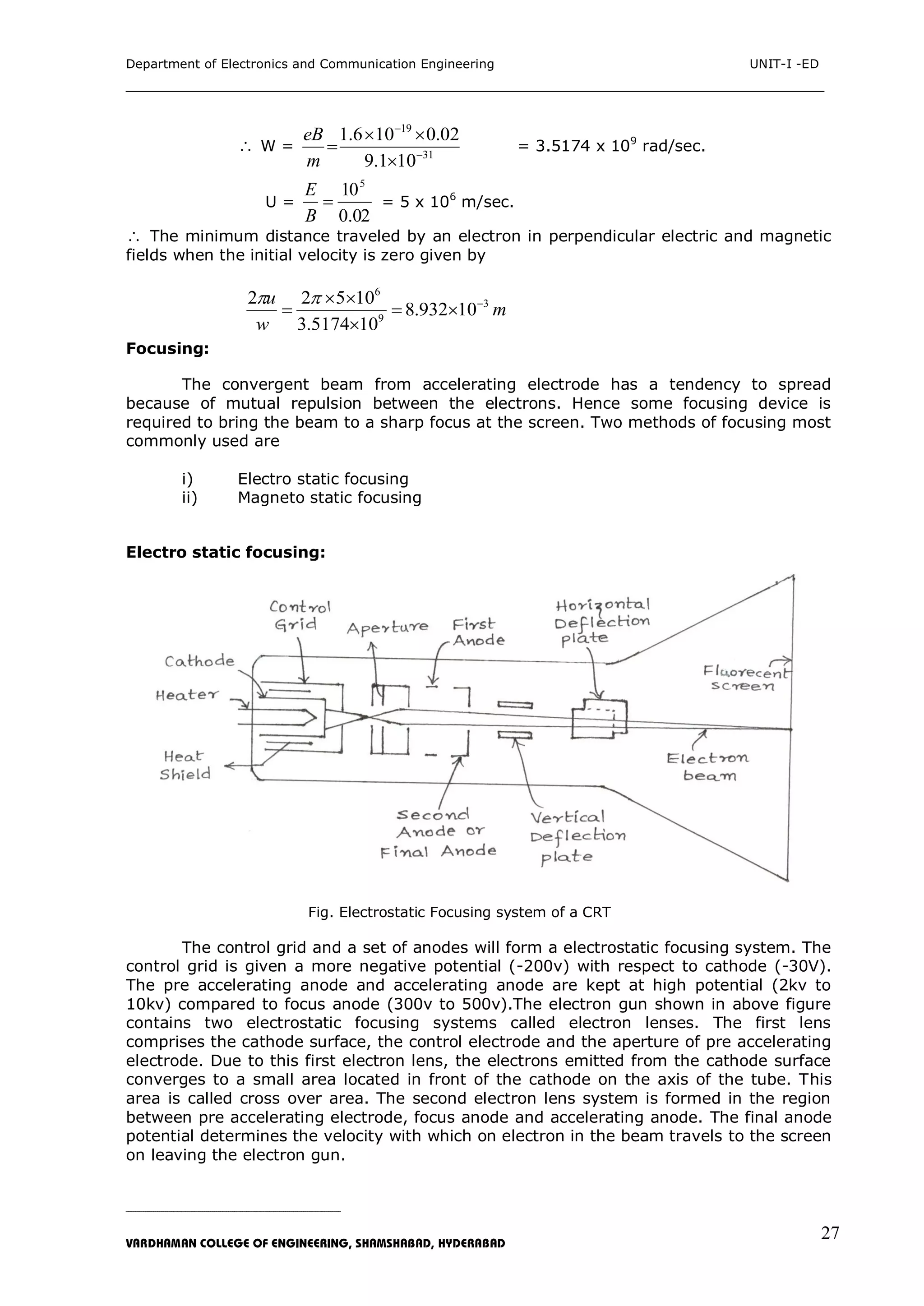 Department of Electronics and Communication Engineering UNIT-I -ED
___________________________________________________________________________
_____________________________________________________________________________________________________________
VARDHAMAN COLLEGE OF ENGINEERING, SHAMSHABAD, HYDERABAD
27
 W = 31
19
101.9
02.0106.1





m
eB
= 3.5174 x 109
rad/sec.
U =
02.0
105

B
E
= 5 x 106
m/sec.
 The minimum distance traveled by an electron in perpendicular electric and magnetic
fields when the initial velocity is zero given by
m
w
u 3
9
6
10932.8
105174.3
10522 





Focusing:
The convergent beam from accelerating electrode has a tendency to spread
because of mutual repulsion between the electrons. Hence some focusing device is
required to bring the beam to a sharp focus at the screen. Two methods of focusing most
commonly used are
i) Electro static focusing
ii) Magneto static focusing
Electro static focusing:
Fig. Electrostatic Focusing system of a CRT
The control grid and a set of anodes will form a electrostatic focusing system. The
control grid is given a more negative potential (-200v) with respect to cathode (-30V).
The pre accelerating anode and accelerating anode are kept at high potential (2kv to
10kv) compared to focus anode (300v to 500v).The electron gun shown in above figure
contains two electrostatic focusing systems called electron lenses. The first lens
comprises the cathode surface, the control electrode and the aperture of pre accelerating
electrode. Due to this first electron lens, the electrons emitted from the cathode surface
converges to a small area located in front of the cathode on the axis of the tube. This
area is called cross over area. The second electron lens system is formed in the region
between pre accelerating electrode, focus anode and accelerating anode. The final anode
potential determines the velocity with which on electron in the beam travels to the screen
on leaving the electron gun.
 