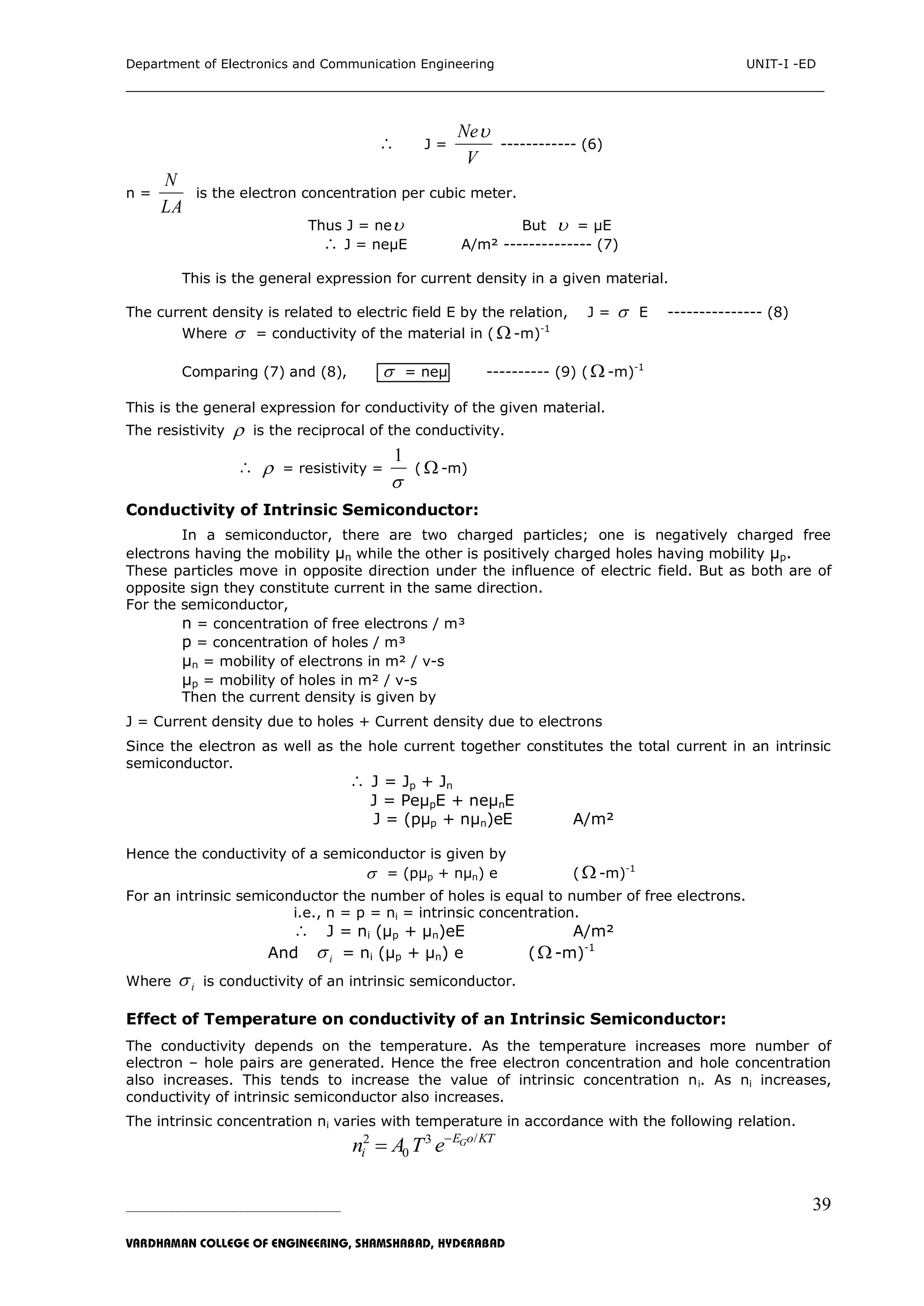 Department of Electronics and Communication Engineering UNIT-I -ED
___________________________________________________________________________
_____________________________________________________________________________________________________________
VARDHAMAN COLLEGE OF ENGINEERING, SHAMSHABAD, HYDERABAD
39
 J =
V
Ne
------------ (6)
n =
LA
N
is the electron concentration per cubic meter.
Thus J = ne But  = µE
 J = neµE A/m² -------------- (7)
This is the general expression for current density in a given material.
The current density is related to electric field E by the relation, J =  E --------------- (8)
Where  = conductivity of the material in (  -m)-1
Comparing (7) and (8),  = neµ ---------- (9) (  -m)-1
This is the general expression for conductivity of the given material.
The resistivity  is the reciprocal of the conductivity.
  = resistivity =

1
(  -m)
Conductivity of Intrinsic Semiconductor:
In a semiconductor, there are two charged particles; one is negatively charged free
electrons having the mobility µn while the other is positively charged holes having mobility µp.
These particles move in opposite direction under the influence of electric field. But as both are of
opposite sign they constitute current in the same direction.
For the semiconductor,
n = concentration of free electrons / m³
p = concentration of holes / m³
µn = mobility of electrons in m² / v-s
µp = mobility of holes in m² / v-s
Then the current density is given by
J = Current density due to holes + Current density due to electrons
Since the electron as well as the hole current together constitutes the total current in an intrinsic
semiconductor.
 J = Jp + Jn
J = PeµpE + neµnE
J = (pµp + nµn)eE A/m²
Hence the conductivity of a semiconductor is given by
 = (pµp + nµn) e (  -m)-1
For an intrinsic semiconductor the number of holes is equal to number of free electrons.
i.e., n = p = ni = intrinsic concentration.
 J = ni (µp + µn)eE A/m²
And i = ni (µp + µn) e ( -m)-1
Where i is conductivity of an intrinsic semiconductor.
Effect of Temperature on conductivity of an Intrinsic Semiconductor:
The conductivity depends on the temperature. As the temperature increases more number of
electron – hole pairs are generated. Hence the free electron concentration and hole concentration
also increases. This tends to increase the value of intrinsic concentration ni. As ni increases,
conductivity of intrinsic semiconductor also increases.
The intrinsic concentration ni varies with temperature in accordance with the following relation.
/2 3
0
GE o KT
in A T e

 