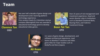 Clarence Tan
CEO
Ali Ihsan
CTO
Boon Tat Tan
CFO
Team
Has over half a decade of game design and
development and e-learning platform
technology experience.
Prior product head of a Colombian startup
company (BlazingSoft) that was awarded a
educational technology grant to develop
educational video games.
11+ years of game design, development, and
software architectural experience. Lead
teams to develop IT solutions and video
game titles for major studios such as
BulkyPix and Dena (Japan).
Over 25 years of risk management and
investment experience. Head and
senior director roles in institutions
such as Standard Chartered Bank,
Bearing Point, and Fullerton
Investment Group.
 