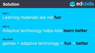Solution
FACT 1
Learning materials are not fun.
FACT 2
Adaptive technology helps kids learn better.
SOLUTION
games + adaptive technology = fun + better.
 