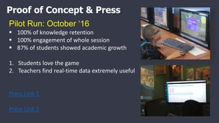Pilot Run: October ‘16
 100% of knowledge retention
 100% engagement of whole session
 87% of students showed academic growth
1. Students love the game
2. Teachers find real-time data extremely useful
Press Link 1
Press Link 2
Proof of Concept & Press
 