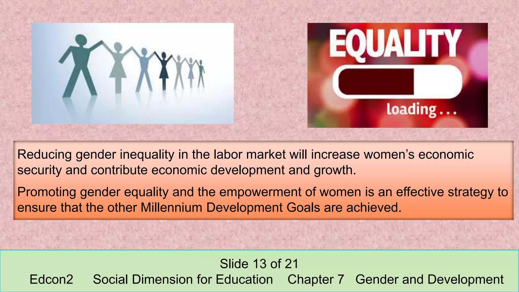 Reducing gender inequality in the labor market will increase women’s economic
security and contribute economic development and growth.
Promoting gender equality and the empowerment of women is an effective strategy to
ensure that the other Millennium Development Goals are achieved.
Slide 13 of 21
Edcon2 Social Dimension for Education Chapter 7 Gender and Development
 