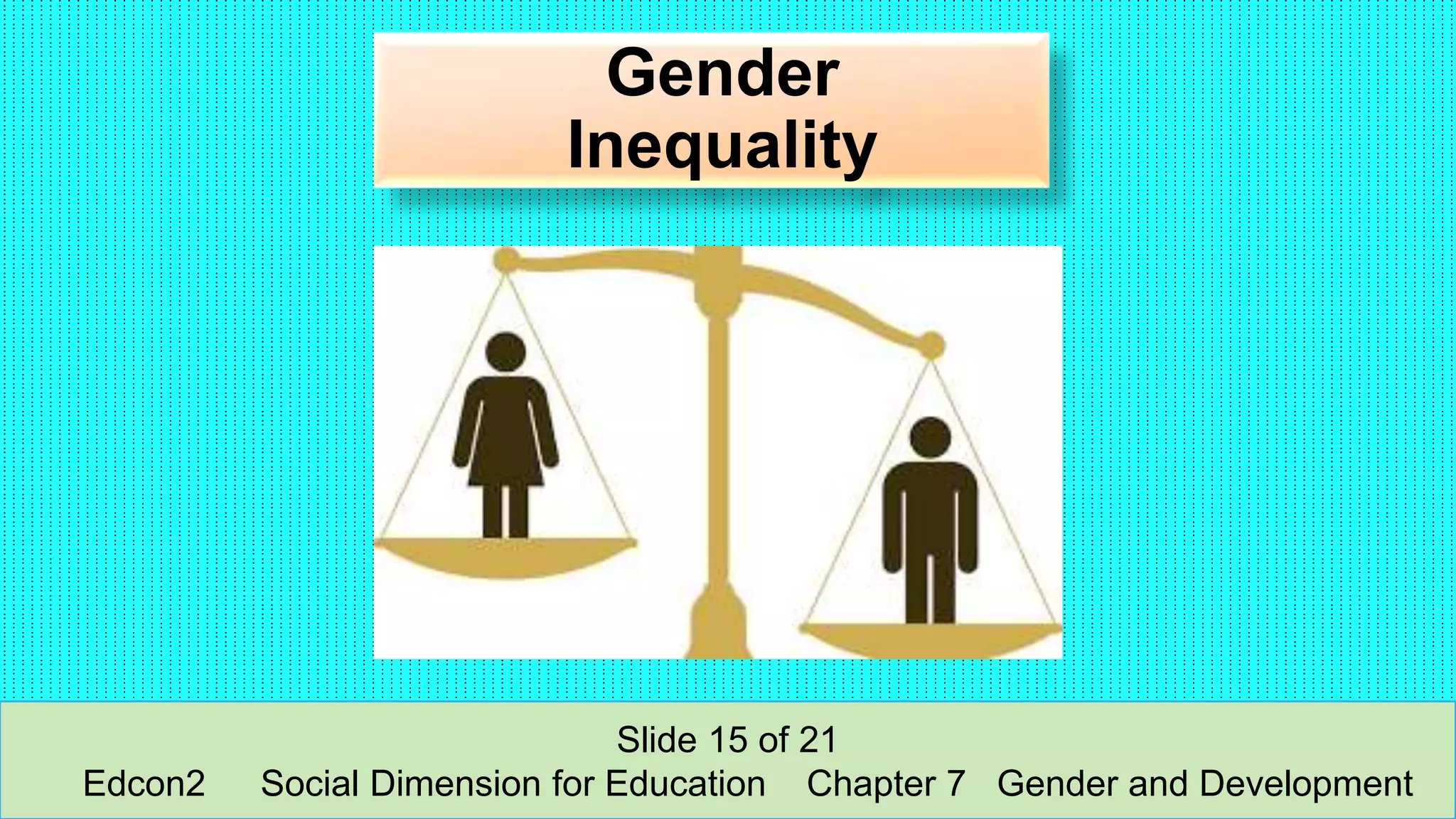 Gender
Inequality
Slide 15 of 21
Edcon2 Social Dimension for Education Chapter 7 Gender and Development
 