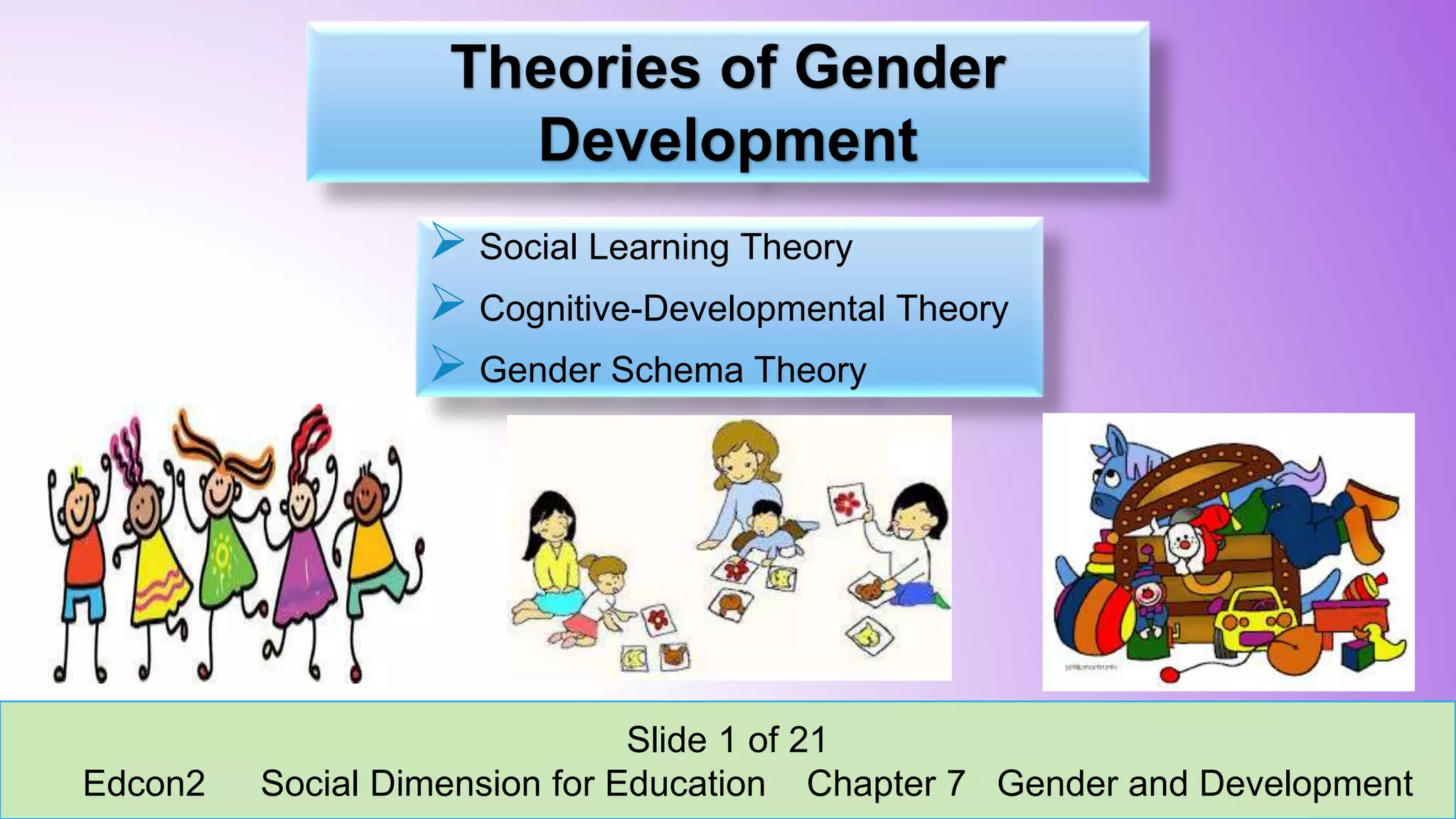 Theories of Gender
Development
 Social Learning Theory
 Cognitive-Developmental Theory
 Gender Schema Theory
Slide 1 of 21
Edcon2 Social Dimension for Education Chapter 7 Gender and Development
 
