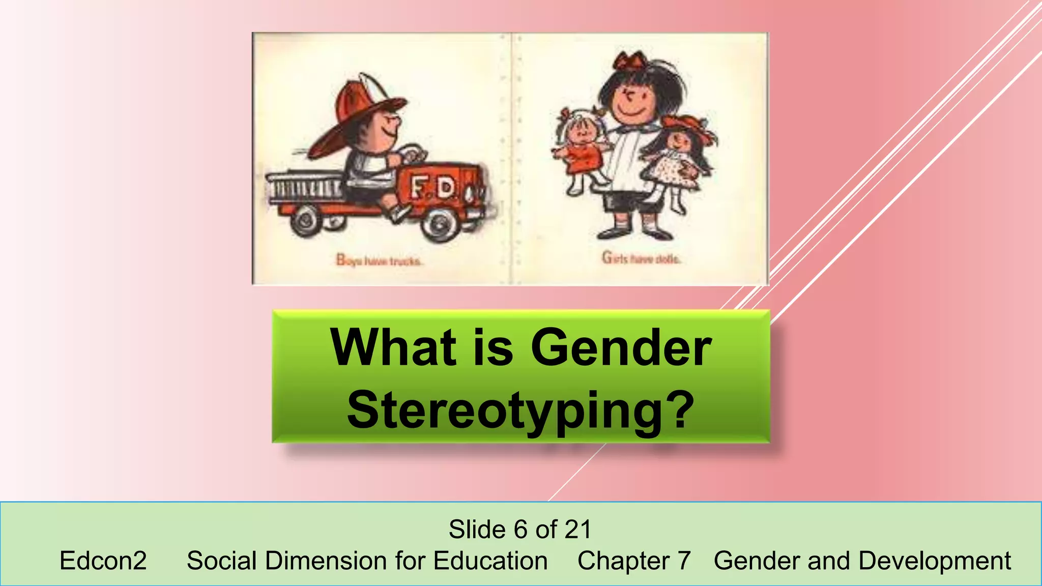 What is Gender
Stereotyping?
Slide 6 of 21
Edcon2 Social Dimension for Education Chapter 7 Gender and Development
 