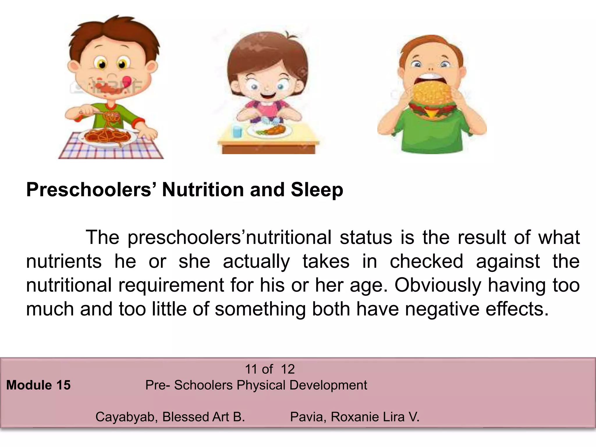 11 of 12
Module 15 Pre- Schoolers Physical Development
Cayabyab, Blessed Art B. Pavia, Roxanie Lira V.
Preschoolers’ Nutrition and Sleep
The preschoolers’nutritional status is the result of what
nutrients he or she actually takes in checked against the
nutritional requirement for his or her age. Obviously having too
much and too little of something both have negative effects.
 