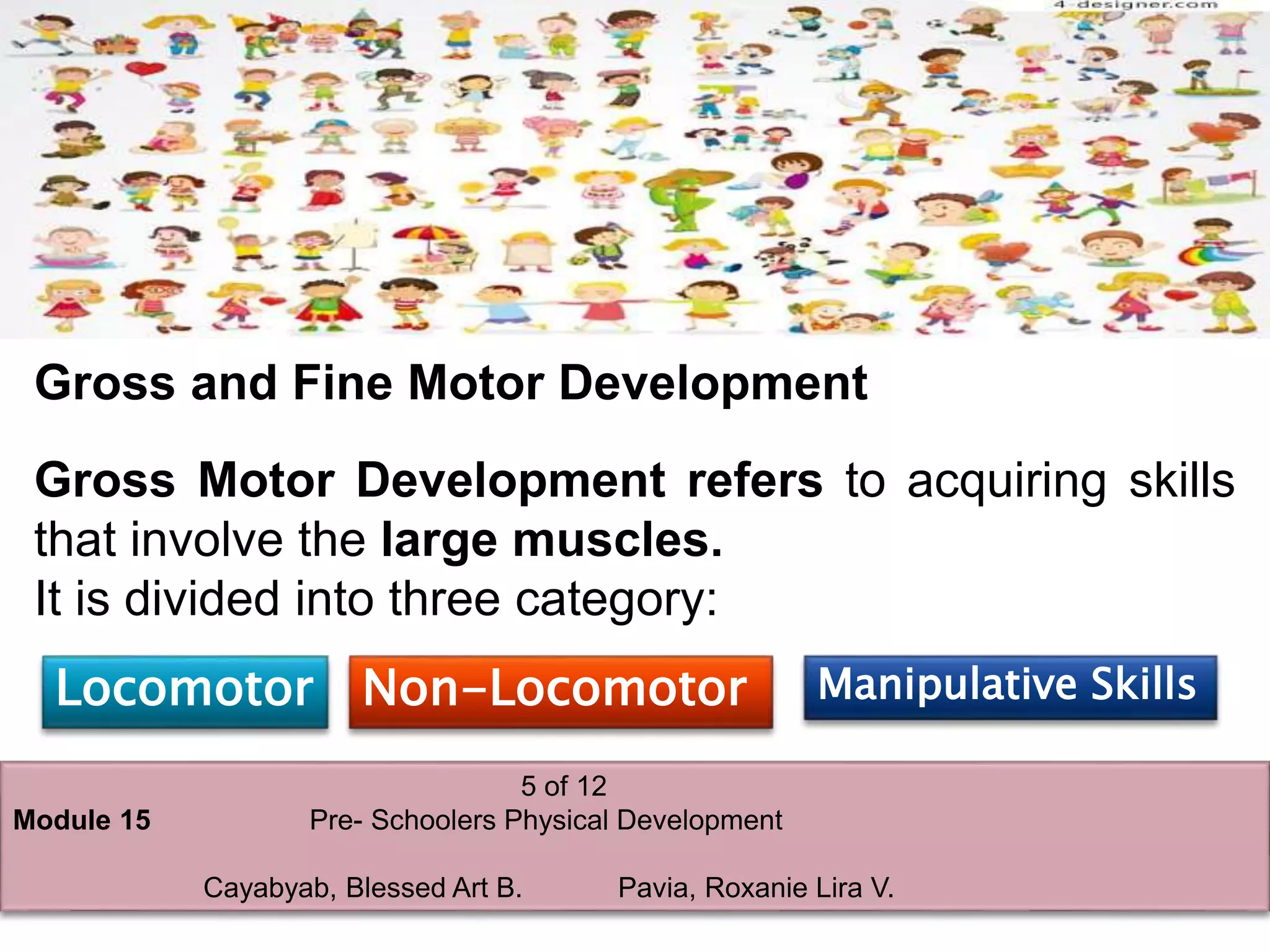 5 of 12
Module 15 Pre- Schoolers Physical Development
Cayabyab, Blessed Art B. Pavia, Roxanie Lira V.
Gross and Fine Motor Development
Gross Motor Development refers to acquiring skills
that involve the large muscles.
It is divided into three category:
Locomotor Non-Locomotor Manipulative Skills
 