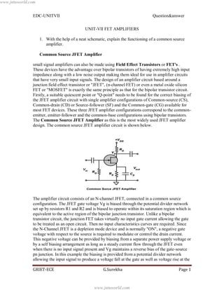 www.jntuworld.com 
EDC-UNITVII Question&answer 
UNIT-VII FET AMPLIFIERS 
1. With the help of a neat schematic, explain the functioning of a common source 
amplifier. 
Common Source JFET Amplifier 
small signal amplifiers can also be made using Field Effect Transistors or FET's . 
These devices have the advantage over bipolar transistors of having extremely high input 
impedance along with a low noise output making them ideal for use in amplifier circuits 
that have very small input signals. The design of an amplifier circuit based around a 
junction field effect transistor or "JFET", (n-channel FET) or even a metal oxide silicon 
FET or "MOSFET" is exactly the same principle as that for the bipolar transistor circuit. 
Firstly, a suitable quiescent point or "Q-point" needs to be found for the correct biasing of 
the JFET amplifier circuit with single amplifier configurations of Common-source (CS), 
Common-drain (CD) or Source-follower (SF) and the Common-gate (CG) available for 
most FET devices. These three JFET amplifier configurations correspond to the common-emitter, 
emitter-follower and the common-base configurations using bipolar transistors. 
The Common Source JFET Amplifier as this is the most widely used JFET amplifier 
design. The common source JFET amplifier circuit is shown below. 
The amplifier circuit consists of an N-channel JFET, connected in a common source 
configuration. The JFET gate voltage Vg is biased through the potential divider network 
set up by resistors R1 and R2 and is biased to operate within its saturation region which is 
equivalent to the active region of the bipolar junction transistor. Unlike a bipolar 
transistor circuit, the junction FET takes virtually no input gate current allowing the gate 
to be treated as an open circuit. Then no input characteristics curves are required. Since 
the N-Channel JFET is a depletion mode device and is normally "ON", a negative gate 
voltage with respect to the source is required to modulate or control the drain current. 
This negative voltage can be provided by biasing from a separate power supply voltage or 
by a self biasing arrangement as long as a steady current flow through the JFET even 
when there is no input signal present and Vg maintains a reverse bias of the gate-source 
pn junction. In this example the biasing is provided from a potential divider network 
allowing the input signal to produce a voltage fall at the gate as well as voltage rise at the 
GRIET-ECE G.Surekha Page 1 
www.jntuworld.com 
 