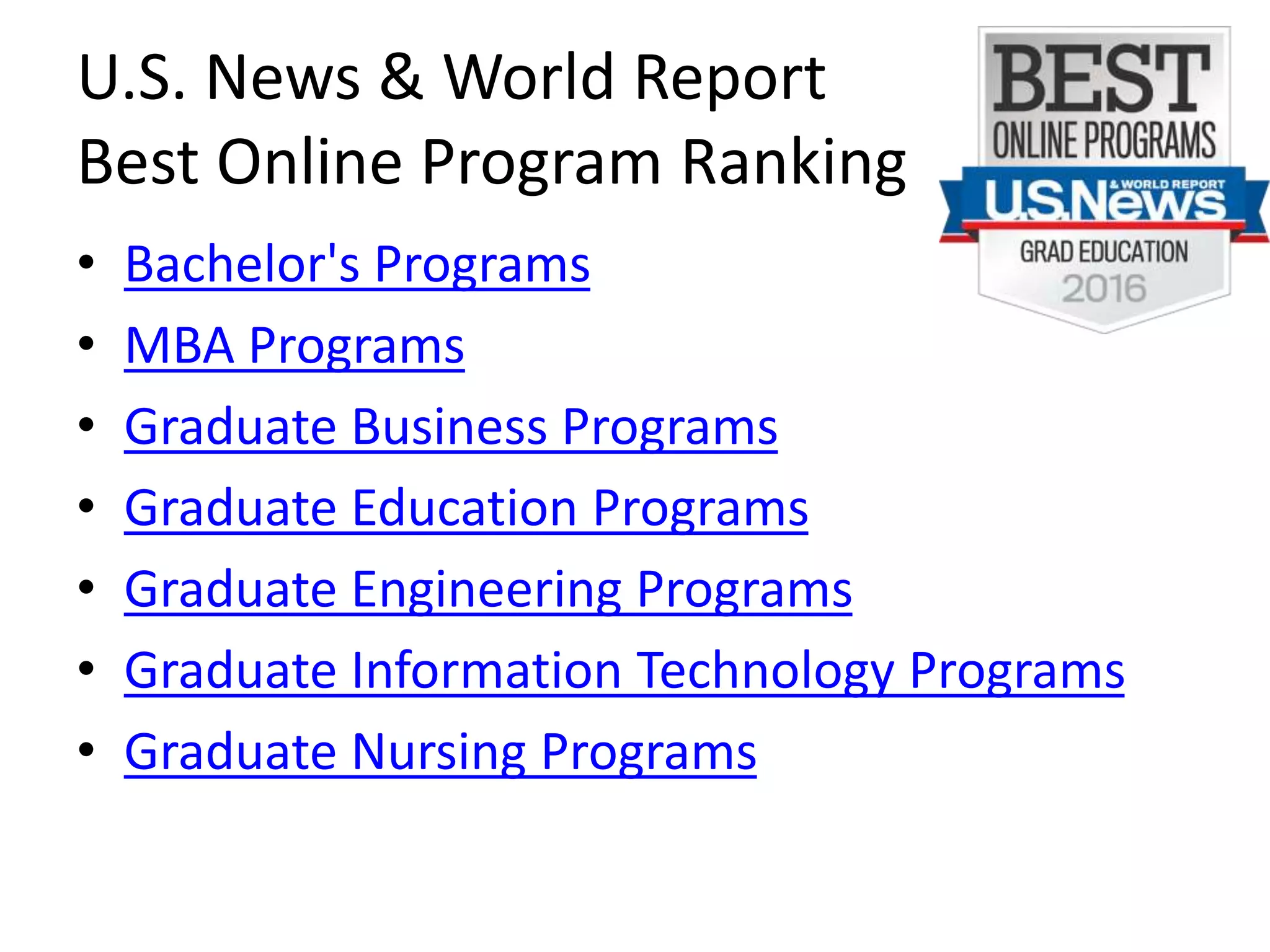 U.S. News & World Report
Best Online Program Ranking
• Bachelor's Programs
• MBA Programs
• Graduate Business Programs
• Graduate Education Programs
• Graduate Engineering Programs
• Graduate Information Technology Programs
• Graduate Nursing Programs
 