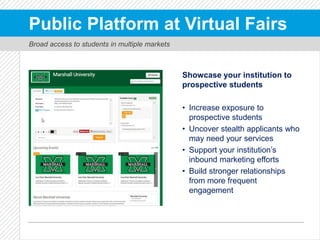 Public Platform at Virtual Fairs
Showcase your institution to
prospective students
• Increase exposure to
prospective stud...