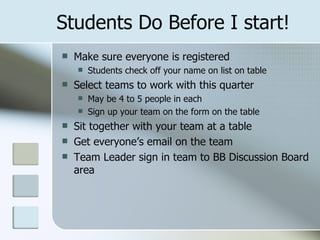 Students Do Before I start!
   Make sure everyone is registered
       Students check off your name on list on table
   Select teams to work with this quarter
       May be 4 to 5 people in each
       Sign up your team on the form on the table
   Sit together with your team at a table
   Get everyone’s email on the team
   Team Leader sign in team to BB Discussion Board
    area
 