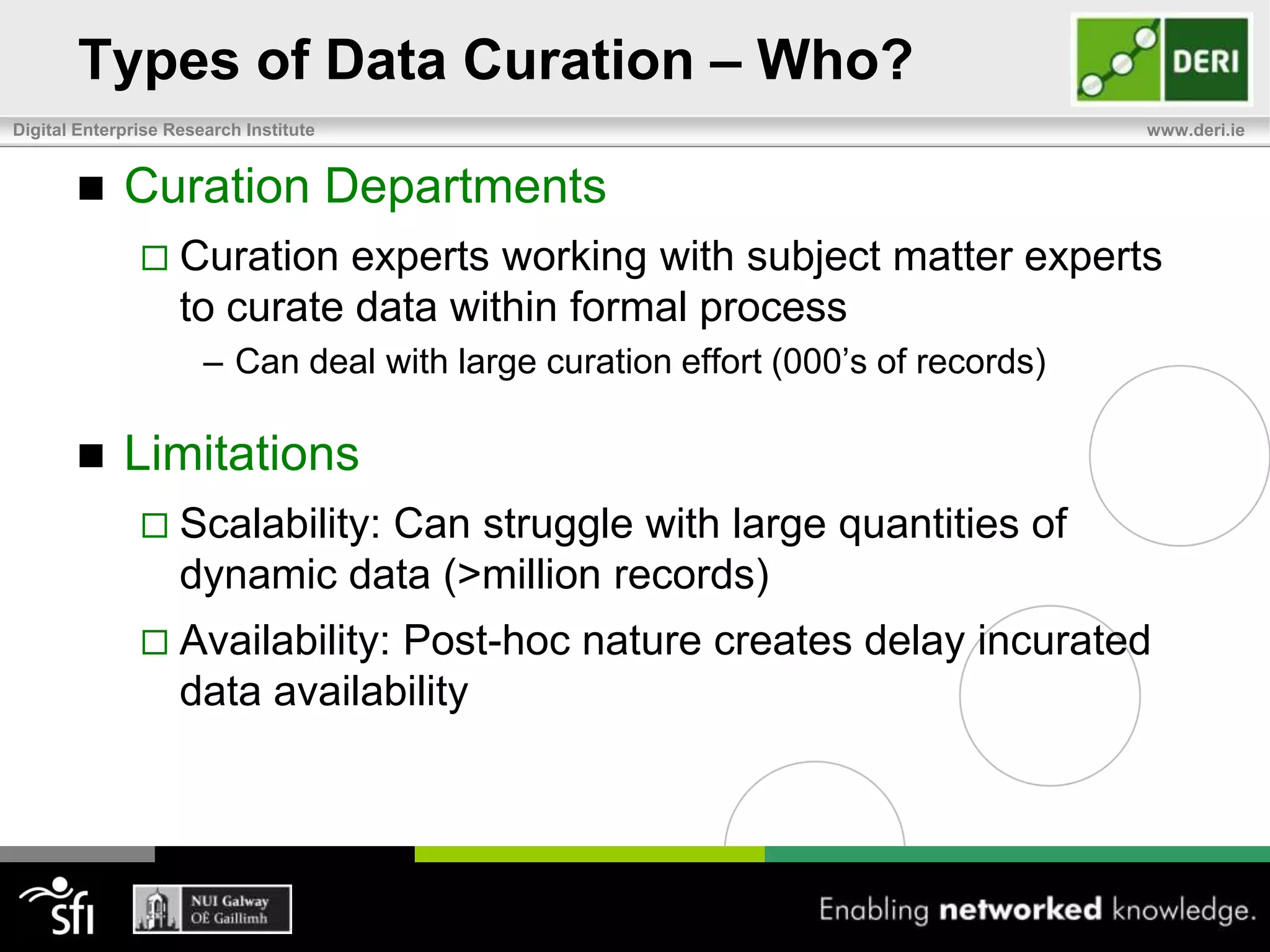 Types of Data CurationMultiple approaches to curate data, no single correct wayWho?Individual CuratorsCuration DepartmentsCommunity-based CurationHow?Manual Curation(Semi-)AutomatedSheer Curation