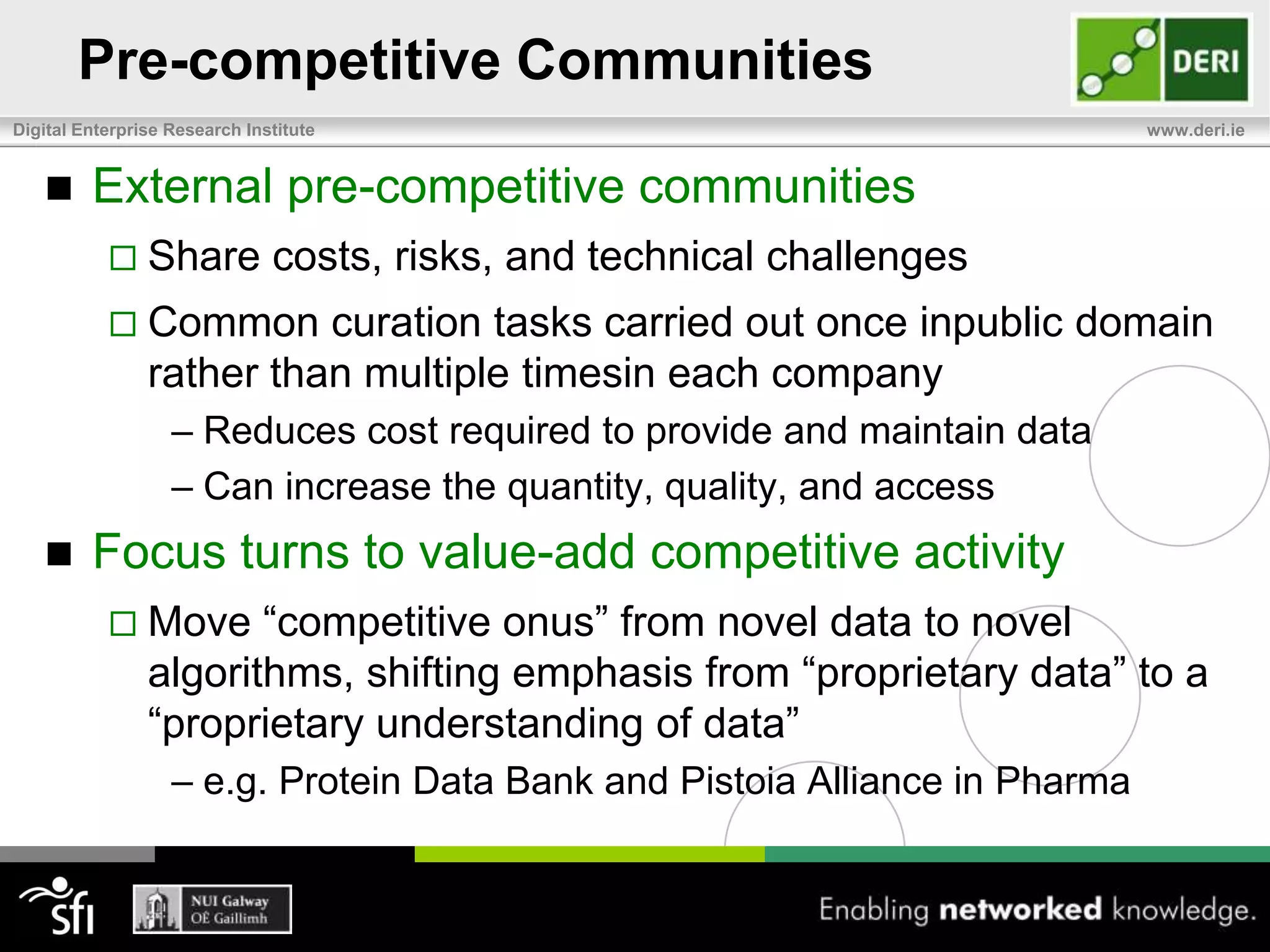 Pre-competitive CommunitiesPre-competitive collaborationWell-established technique for open innovation Notable examples