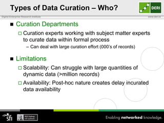 Types of Data Curation<br />Multiple approaches to curate data, no single correct way<br />Who?<br />Individual Curators<b...