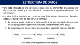 • Una lista enlazada es una colección o secuencia de elementos dispuestos uno
detrás de otro, en la que cada elemento se conecta al siguiente elemento por
un “enlace”.
• La idea básica consiste en construir una lista cuyos elementos, llamados
nodos, se componen de dos partes o campos:
 La primera parte contiene la información y es, por consiguiente, un valor
de un tipo genérico (denominado Dato, TipoElemento, Info, etc.);
 La segunda parte es un enlace que apunta al siguiente nodo de la lista.
ESTRUCTURA DE DATOS
 