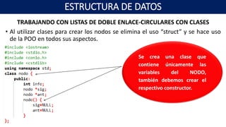 TRABAJANDO CON LISTAS DE DOBLE ENLACE-CIRCULARES CON CLASES
• Al utilizar clases para crear los nodos se elimina el uso “struct” y se hace uso
de la POO en todos sus aspectos.
Se crea una clase que
contiene únicamente las
variables del NODO,
también debemos crear el
respectivo constructor.
ESTRUCTURA DE DATOS
 