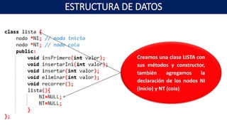 Creamos una clase LISTA con
sus métodos y constructor,
también agregamos la
declaración de los nodos NI
(inicio) y NT (cola)
ESTRUCTURA DE DATOS
 