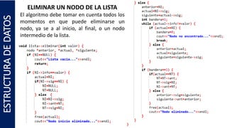 ELIMINAR UN NODO DE LA LISTA
El algoritmo debe tomar en cuenta todos los
momentos en que puede eliminarse un
nodo, ya se a al inicio, al final, o un nodo
intermedio de la lista.
ESTRUCTURADEDATOS
 