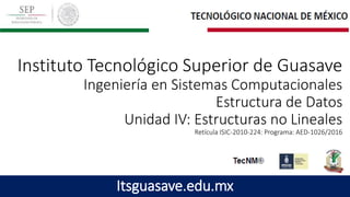 Instituto Tecnológico Superior de Guasave
Ingeniería en Sistemas Computacionales
Estructura de Datos
Unidad IV: Estructuras no Lineales
Retícula ISIC-2010-224: Programa: AED-1026/2016
Itsguasave.edu.mx
 