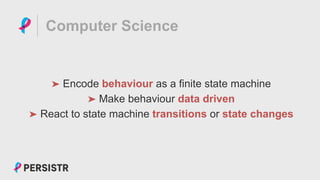 PERSISTR
Computer Science
➤ Encode behaviour as a finite state machine
➤ Make behaviour data driven
➤ React to state machine transitions or state changes
 