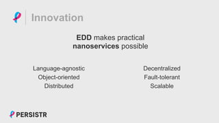 PERSISTR
Innovation
Language-agnostic
Object-oriented
Distributed
Decentralized
Fault-tolerant
Scalable
EDD makes practical
nanoservices possible
 