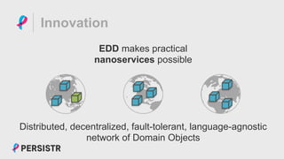 PERSISTR
Distributed, decentralized, fault-tolerant, language-agnostic
network of Domain Objects
Innovation
EDD makes practical
nanoservices possible
 