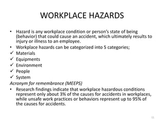 WORKPLACE HAZARDS
• Hazard is any workplace condition or person’s state of being
(behavior) that could cause an accident, which ultimately results to
injury or illness to an employee.
• Workplace hazards can be categorized into 5 categories;
 Materials
 Equipments
 Environment
 People
 System
Acronym for remembrance (MEEPS)
• Research findings indicate that workplace hazardous conditions
represent only about 3% of the causes for accidents in workplaces,
while unsafe work practices or behaviors represent up to 95% of
the causes for accidents.
11
 