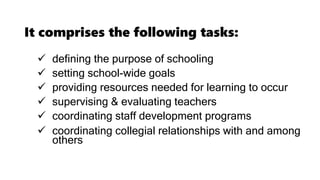 It comprises the following tasks:
 defining the purpose of schooling
 setting school-wide goals
 providing resources needed for learning to occur
 supervising & evaluating teachers
 coordinating staff development programs
 coordinating collegial relationships with and among
others
 