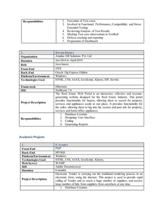 Responsibilities 2. Execution of Test cases
3. Involved in Functional, Performance, Compatibility and Stress
Extended Testing.
4. Reviewing/Analysis of Test Results.
5. Marking Test case observations in TestRail
6. Defects tracking and reporting
7. Preparation of Dashboard
2. Dream Homez
Organization Amplus HR Solutions Pvt. Ltd
Duration Jan-2014 to April-2014
Role Java Intern
Front-End J2EE
Back-End Oracle 10g Express Edition
Platform/Environment Windows
Technologies Used HTML, CSS, AJAX, JavaScript, JQuery,JSP, Servlet.
Framework Hibernate
IDE NetBeans 7.4
Project Description
The Real Estate Web Portal is an interactive, effective and revenue-
generating website designed for the Real Estate Industry. This portal
provides functionality for buyers, allowing them to search for property,
services and appliances easily at one place. It provides functionality for
the seller, allowing them to log into the system and post ads for property,
services and home/office appliances.
Responsibilities
1. Database Creation
2. Designing User Interface
3. Coding
4. Generating Reports
Academic Projects
1. E-Tender
Front-End PHP
Back-End MYSQL
Platform/Environment Windows
Technologies Used HTML, CSS, AJAX, JavaScript, JQuery,
Web Server WAMP
IDE Adobe Dreamweaver
Duration 6 months
Project Description
Electronic Tender is carrying out the traditional tendering process in an
electronic form, using the internet. This project is used to provide rapid
calling of Tender and to reach a huge number of suppliers, and receive
large number of bids from suppliers from anywhere at any time.
1. Database Creation
 