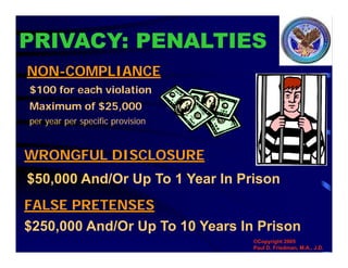 PRIVACY: PENALTIES
$100 for each violation
Maximum of $25,000
per year per specific provision
NON-COMPLIANCE
WRONGFUL DISCLOSURE
FALSE PRETENSES
©Copyright 2005
Paul D. Friedman, M.A., J.D.
$50,000 And/Or Up To 1 Year In Prison
$250,000 And/Or Up To 10 Years In Prison
 