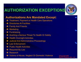AUTHORIZATION EXCEPTIONS
 Treatment, Payment or Health Care Operations
 Directories At Facilities
 Family And Friends
 Marketing
 Fundraising
 Averting a Serious Threat To Health Or Safety
 Health Oversight Activities
 Judicial And Administrative Proceedings
 Law Enforcement
 Public Health Activities
 Required By Law
 Research
 Victims of Abuse, Neglect Or Domestic Violence
Authorizations Are Mandated Except:
©Copyright 2005
Paul D. Friedman, M.A., J.D.
 