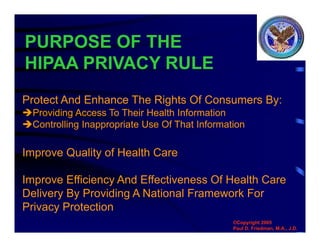 PURPOSE OF THE
HIPAA PRIVACY RULE
Protect And Enhance The Rights Of Consumers By:
Providing Access To Their Health Information
Controlling Inappropriate Use Of That Information
Improve Quality of Health Care
Improve Efficiency And Effectiveness Of Health Care
Delivery By Providing A National Framework For
Privacy Protection
©Copyright 2005
Paul D. Friedman, M.A., J.D.
 