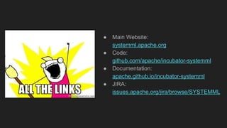 Links
● Main Website:
systemml.apache.org
● Code:
github.com/apache/incubator-systemml
● Documentation:
apache.github.io/incubator-systemml
● JIRA:
issues.apache.org/jira/browse/SYSTEMML
 