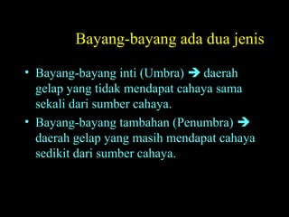Bayang-bayang ada dua jenis
• Bayang-bayang inti (Umbra)  daerah
gelap yang tidak mendapat cahaya sama
sekali dari sumber cahaya.
• Bayang-bayang tambahan (Penumbra) 
daerah gelap yang masih mendapat cahaya
sedikit dari sumber cahaya.
 