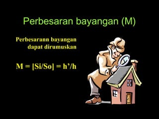 Perbesaran bayangan (M)
Perbesarann bayangan
dapat dirumuskan
M = [Si/So] = h’/h
 