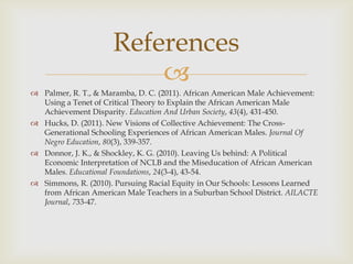 References
                         
 Palmer, R. T., & Maramba, D. C. (2011). African American Male Achievement:
  Using a Tenet of Critical Theory to Explain the African American Male
  Achievement Disparity. Education And Urban Society, 43(4), 431-450.
 Hucks, D. (2011). New Visions of Collective Achievement: The Cross-
  Generational Schooling Experiences of African American Males. Journal Of
  Negro Education, 80(3), 339-357.
 Donnor, J. K., & Shockley, K. G. (2010). Leaving Us behind: A Political
  Economic Interpretation of NCLB and the Miseducation of African American
  Males. Educational Foundations, 24(3-4), 43-54.
 Simmons, R. (2010). Pursuing Racial Equity in Our Schools: Lessons Learned
  from African American Male Teachers in a Suburban School District. AILACTE
  Journal, 733-47.
 