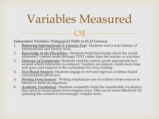 Variables Measured
                 
Independent Variables: Pedagogical Shifts in ELA/ Literacy:
1.   Balancing Informational & Literary Text: Students read a true balance of
     informational and literary texts.
2. Knowledge in the Disciplines : Students build knowledge about the world
     (domains/ content areas) through TEXT rather than the teacher or activities
3.   Staircase of Complexity: Students read the central, grade appropriate text
     around which instruction is centered. Teachers are patient, create more time
     and space and support in the curriculum for close reading
4.   Text Based Answers: Students engage in rich and rigorous evidence based
     conversations about text.
5.   Writing From Sources: Writing emphasizes use of evidence from sources to
     inform or make an argument.
6.   Academic Vocabulary: Students constantly build the transferable vocabulary
     they need to access grade level complex texts. This can be done effectively by
     spiraling like content in increasingly complex texts.
 
