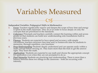 Variables Measured
                 
Independent Variables: Pedagogical Shifts in Mathematics:
1.   Focus: Teachers significantly narrow and deepen the scope of how time and energy
     is spent in the math classroom. They do so in order to focus deeply on only the
     concepts that are prioritized in the standards.
2.   Coherence: Principals and teachers carefully connect the learning within and across
     grades so that students can build new understanding onto foundations built in
     previous years.
3.   Fluency: Students are expected to have speed and accuracy with simple
     calculations; teachers structure class time and/or homework time for students to
     memorize, through repetition, core functions.
4.   Deep Understanding: Students deeply understand and can operate easily within a
     math concept before moving on. They learn more than the trick to get the answer
     right. They learn the math.
5.   Application: Students are expected to use math and choose the appropriate concept
     for application even when they are not prompted to do so.
6.   Dual Intensity: Students are practicing and understanding. There is more than a
     balance between these two things in the classroom – both are occurring with
     intensity.
 