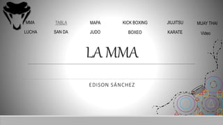 LA MMA
EDISON SÁNCHEZ
MMA TABLA MAPA KICK BOXING JIUJITSU MUAY THAI
LUCHA SAN DA JUDO BOXEO KARATE Video
 