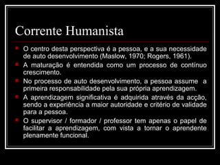 Corrente Humanista 
 O centro desta perspectiva é a pessoa, e a sua necessidade 
de auto desenvolvimento (Maslow, 1970; Rogers, 1961). 
 A maturação é entendida como um processo de contínuo 
crescimento. 
 No processo de auto desenvolvimento, a pessoa assume a 
primeira responsabilidade pela sua própria aprendizagem. 
 A aprendizagem significativa é adquirida através da acção, 
sendo a experiência a maior autoridade e critério de validade 
para a pessoa. 
 O supervisor / formador / professor tem apenas o papel de 
facilitar a aprendizagem, com vista a tornar o aprendente 
plenamente funcional. 
 