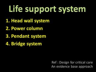 1. Head wall system 
2. Power column 
3. Pendant system 
4. Bridge system 
Ref : Design for critical care 
An evidence base approach 
 