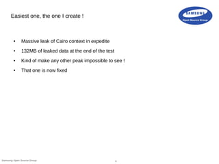 4Samsung Open Source Group
Easiest one, the one I create !
● Massive leak of Cairo context in expedite
● 132MB of leaked data at the end of the test
● Kind of make any other peak impossible to see !
● That one is now fixed
 