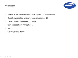 8Samsung Open Source Group
Run expedite
● Instead of the usual raw benchmark, try to find the reliable test
● Run all expedite test twice on every version since 1.8
● That's 18 runs ! More than 2000 tests…
● Start process them in the plane…
● 8-O
● See major slow down !
 