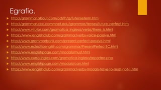 Egrafia.
 http://grammar.about.com/od/fh/g/futenseterm.htm
 http://grammar.ccc.commnet.edu/grammar/tenses/future_perfect.htm
 http://www.vitutor.com/gramatica_inglesa/verbs/there_is.html
 https://www.englishclub.com/grammar/verbs-voice-passive.htm
 http://www.grammarbank.com/present-perfect-passive.html
 http://www.eclecticenglish.com/grammar/PresentPerfect1C.html
 http://www.englishpage.com/modals/must.html
 http://www.curso-ingles.com/gramatica-inglesa/reported.php
 http://www.englishpage.com/modals/can.html
 https://www.englishclub.com/grammar/verbs-modals-have-to-must-not-1.htm
 