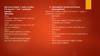 Estructura Sujeto + verbo auxiliar
("to have") + "not" + participio
pasado...
•Ejemplos:
•Play
•I haven't talked to Peter. (No he
hablado con Peter.)
•Play
•She hasn't gone to work. (No ha
ido a su trabajo.)
•Play
•We haven't been to London.
(No hemos ido a Londres.)
•Play
•They haven't learned English.
(No han aprendido inglés.)
3. Interrogative Sentences (Frases
interrogativas)
Estructura Verbo auxiliar ("to have") + sujeto +
participio pasado...?
• Ejemplos:
• Play
• Have you talked to Peter? (¿Has
hablado con Peter?)
• Play
• Has she gone to work? (¿Ha ido a su
trabajo?)
• Play
• Have you been to London? (¿Has ido a
Londres?)
• Play
• Have they learned English? (¿Han
aprendido inglés?)
 